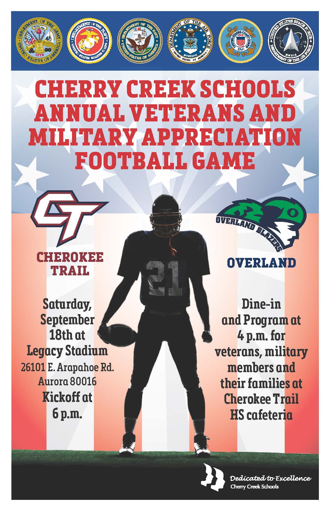 Military Appreciation Game flyer with military logos and silhouette of a football player in helmet holding football
